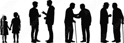 Silhouettes of people of different ages interacting with holding hands, young men