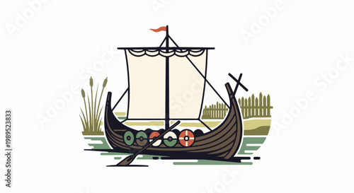 A stylized viking ship with a sail and shields on its side on calm water