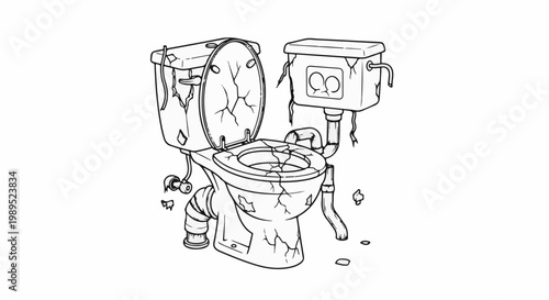 Cracked, dilapidated toilet with dangling parts and debris