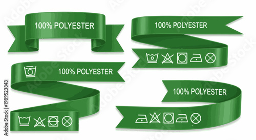 Green fabric ribbons with washing instructions and material content
