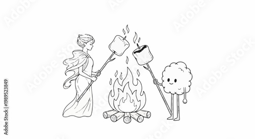 A whimsical drawing of a classic figure and a cartoon cloud character toasting marshmallows