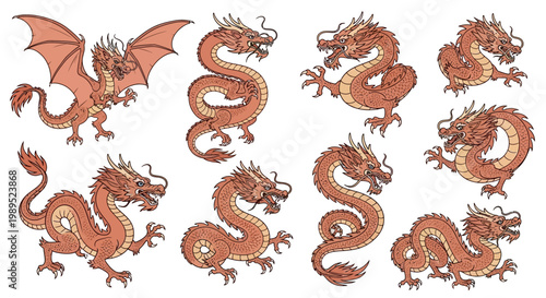 Collection of eastern style dragons in various poses and arrangements