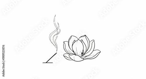 Black and white drawing of a lotus flower with incense smoke