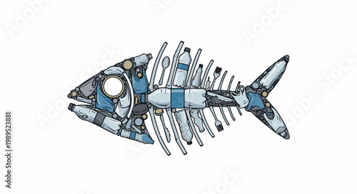 Fish skeleton formed entirely from discarded plastic trash and waste
