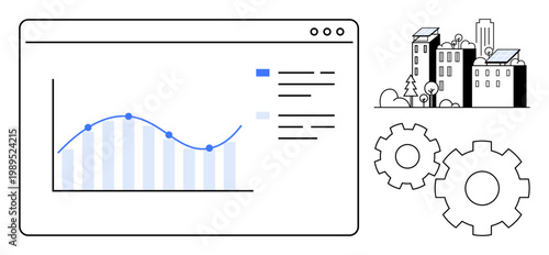 Business analysis, process optimization, urban development, data tracking, technology, software tools. Graph on a display, cityscape gears. Business analysis and process optimization concept