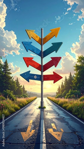Colorful Multi Directional Wood Arrow Signpost On A Country Road Landscape At Sunset Conceptual Digital Illustration And Artistic Design