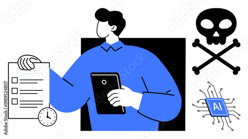 Artificial intelligence, digital ethics, cybersecurity, productivity, decision-making, technology threats. A person holding a tablet and checklist, clock skull AI microchip. AI and digital ethics
