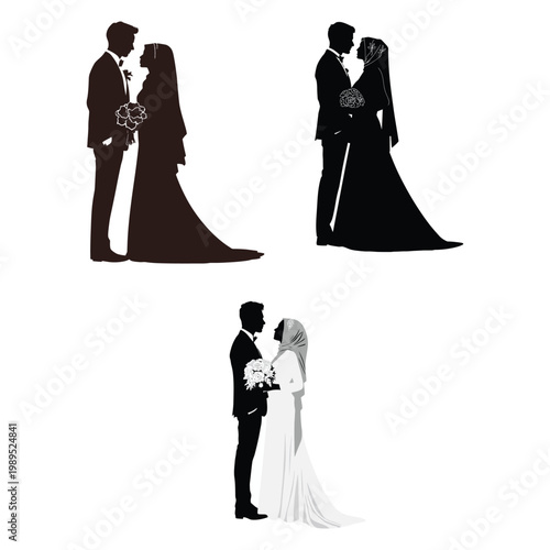 Romantic bride and groom silhouette bundle elegant wedding pose vector art
