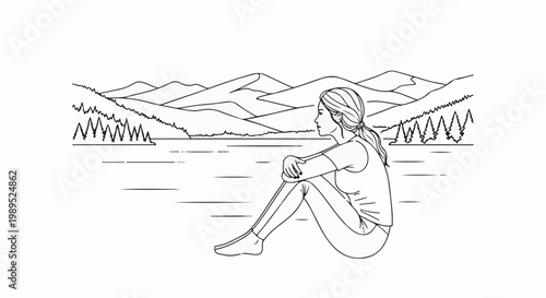 Woman sitting by lake, gazing at rolling hills and trees