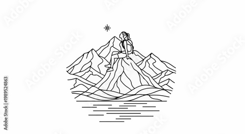 Person sits atop a mountain peak, overlooking water below under a star
