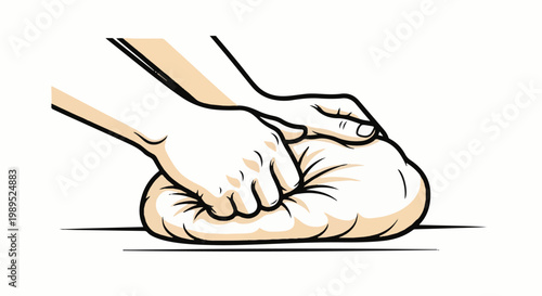 Two hands firmly pressing and shaping dough on a flat surface