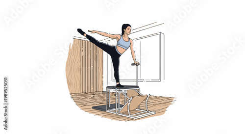 Woman performing a Pilates move on a reformer machine