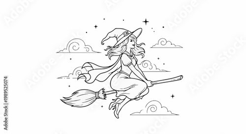 A stylized witch with flowing hair rides a broomstick through starry skies and clouds