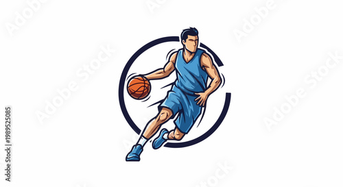 Athlete dribbling a basketball within a circular graphic emblem