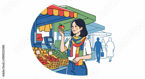 Woman examining apple at outdoor market with fresh produce and shoppers