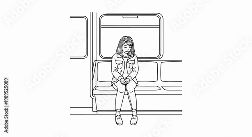 A young woman sits on a train, head bowed, looking downwards thoughtfully