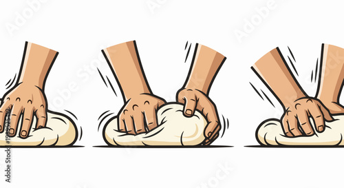 Three sequential illustrations of hands kneading dough, showing the process