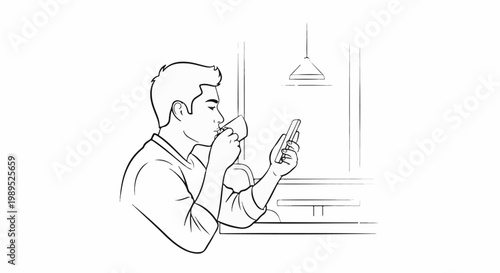 Young man drinks coffee and uses smartphone indoors
