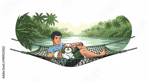Man relaxing with dog in a hammock by a tropical river