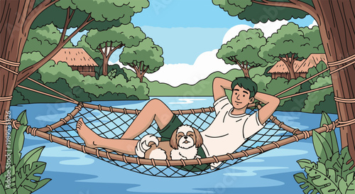 Man relaxing with dog in hammock over water near huts