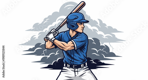 Baseball player with bat poised, against dramatic stormy clouds