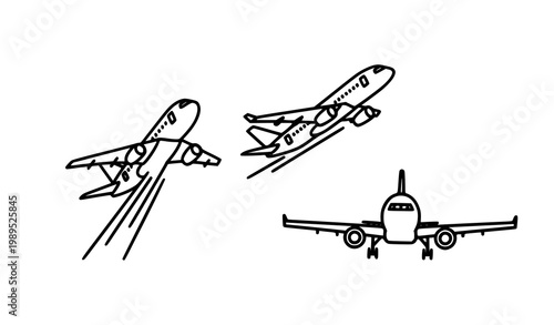 Commercial airplane outline icon set with jet aircraft in dynamic flying angles for aviation and travel design