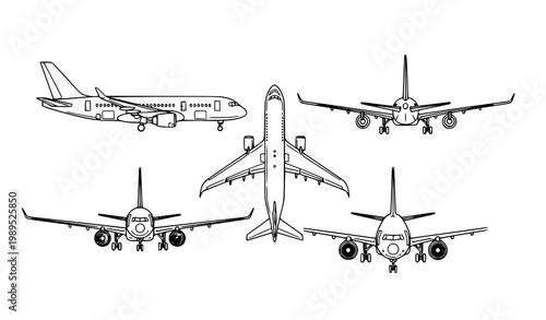 Passenger airplane thin line set with three jet aircraft in side top and perspective views isolated on white