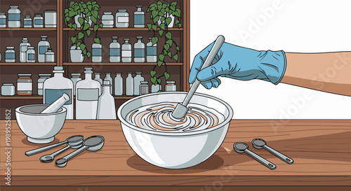 Hand in glove mixes potion in bowl with bottles on shelf