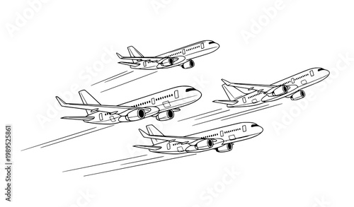 Elegant airplane line art set with three passenger jets in dynamic flight angles for aviation travel themes