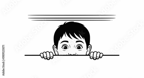 Wide-eyed child peeks over a barrier, curious and observing