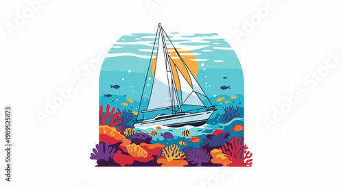 Colorful underwater scene with a sailboat, coral reefs, and fish