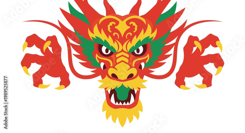 Stylized red and gold dragon head with fierce expression and claws