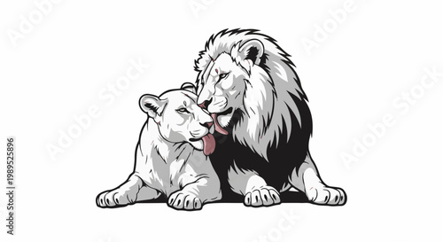 Two white lions, a couple, sharing a tender grooming moment