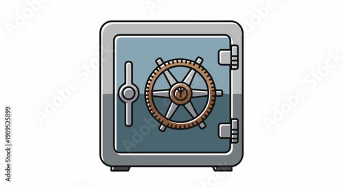 A metallic blue safe with a large brown wheel lock and a gray handle