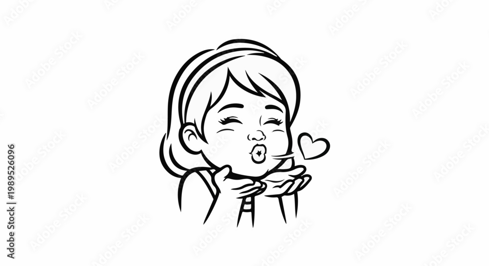 Fototapeta premium A stylized line drawing of a girl blowing a kiss with a heart