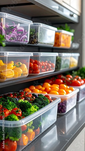 Fresh Vegetables In Transparent Plastic Containers Organized On Kitchen Shelves And Countertop For Meal Prep And Healthy Storage