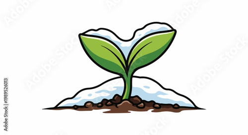 A cartoon sprout with two green leaves emerges from snowy ground with soil