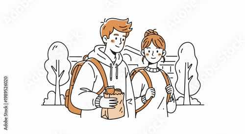 Two students with backpacks and a paper bag stroll past trees