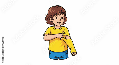 Child putting on yellow shirt and blue shorts