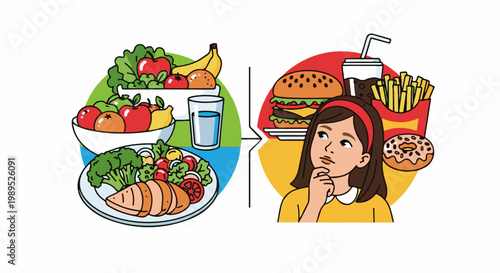 Person contemplating between healthy food and fast food options