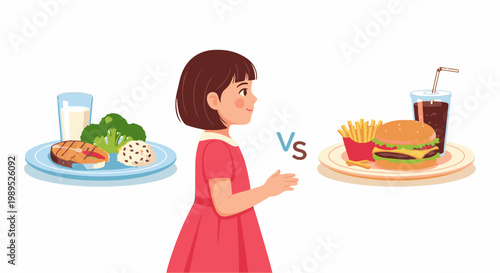 A girl ponders healthy versus unhealthy food choices on a white background
