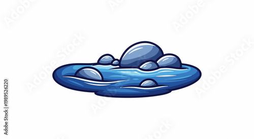 Blue water with rounded gray stones and highlights, pixel art style