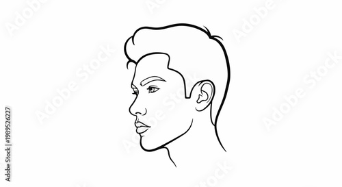 Stylized black and white line art portrait of a young man's profile