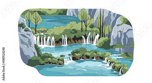 A pixelated scene of cascading waterfalls and lush green foliage