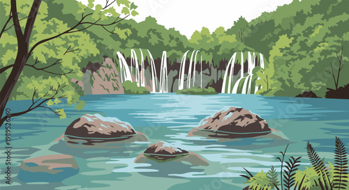 Lush green forest with cascading waterfalls into a serene blue lake, rocks visible