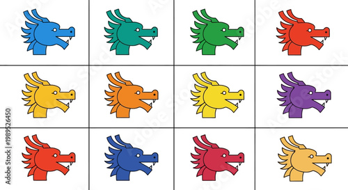 Colorful dragon heads arranged in a grid pattern on a white background