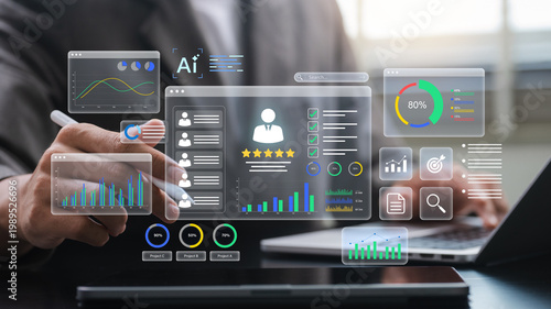 ai hr analytics and KPI performance management concept, employee evaluation dashboard, employee evaluation scoring system, data analytics to improve workforce strategy and decision making