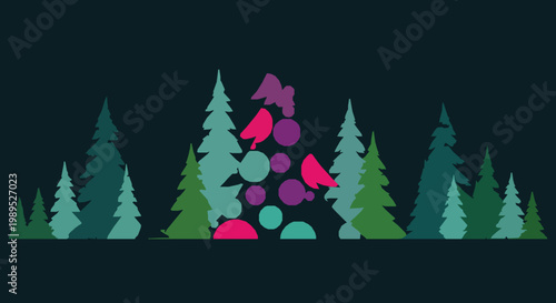 Modern Christmas greeting card with stylized winter forest and decorated tree festive holiday vector design