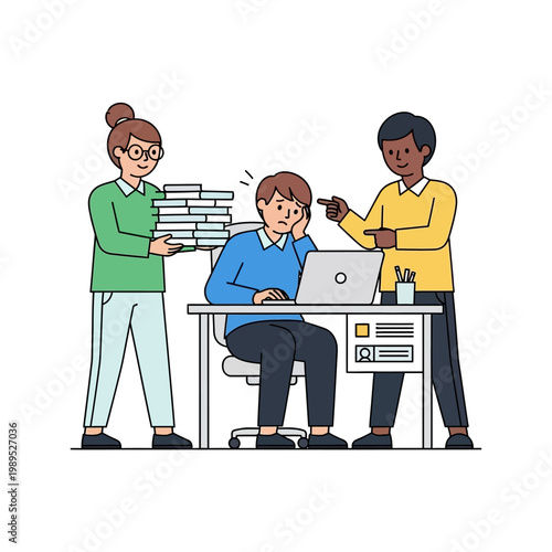 Stressed Office Worker Overwhelmed by Heavy Workload and Colleagues Flat Vector Illustration