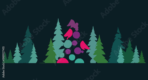 Modern Christmas greeting card with stylized winter forest and decorated tree festive holiday vector design